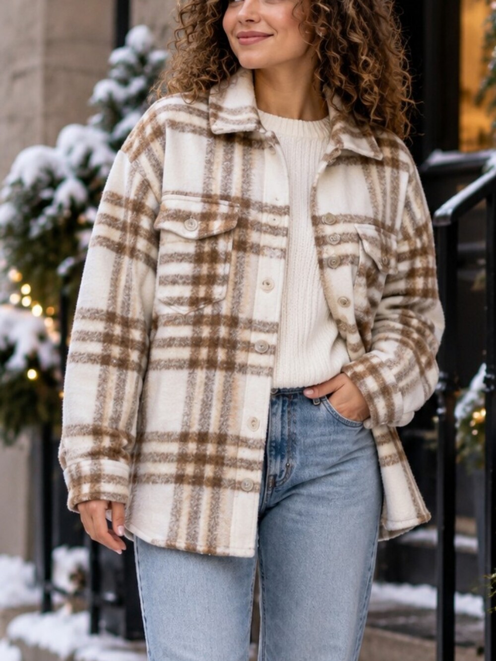 Joie Women’s Plaid Shacket Jacket Cream Brown Oversized Size M